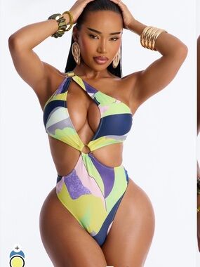 Fashion Nova One-Shoulder Cutout One-Piece in Navy, Lime & Lavender